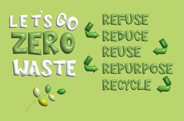3D Zero waste concept, design for logo, sticker, poster, printing ads say "Let's go Zero waste Refuse, Reduce, Reuse, Repurpose, Recycle. Campaign