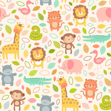Pastel cute jungle animals with leaf and flower seamless pattern background