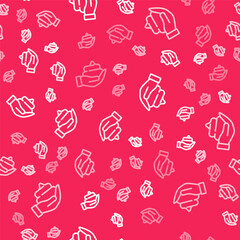 Naklejka premium White line Shaving gel foam on hand icon isolated seamless pattern on red background. Shaving cream. Vector