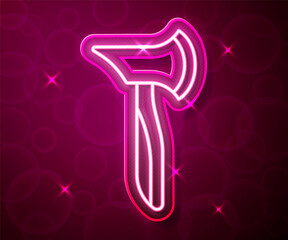 Glowing neon line Wooden axe icon isolated on red background. Lumberjack axe. Vector