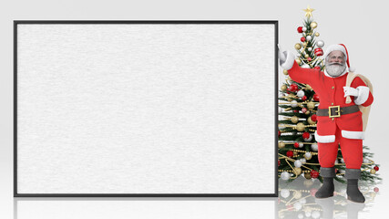 Illustrazione 3D. Natale. Babbo Natale, e decorazione natalizia. Spazio per testo per auguri, pubblicità, regali, di Natale e di capodanno..