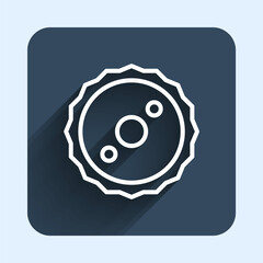 White line Circular saw blade icon isolated with long shadow background. Saw wheel. Blue square button. Vector