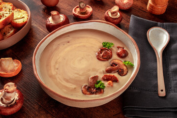 Mushroom cream soup with various mushrooms and toasted bread, on a dark rustic wooden background