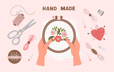 Female hands holding embroidery hoop with floral embroidery.  Trendy vector  hand drawn set of tools for embroidery.  All objects isolated
