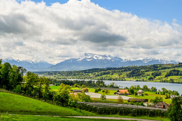 Gelfingen, Hitzkirch, Weinberg, Obstb&auml;ume, Baldeggersee, Seetal, Schloss Heidegg, Wanderweg, Landwirtschaft, Spazierweg, Fr&uuml;hling, Schweiz