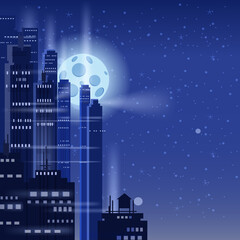 Night futuristic city background, bright lights, Moon, panorama, modern buildings, midnight. Vector illustration poster cover
