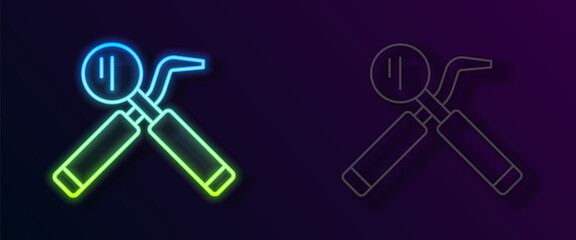 Glowing neon line Dental inspection mirror and probe icon isolated on black background. Explorer scaler. Tool dental checkup. Vector