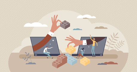 Virtual teambuilding as distant partnership training game tiny person concept. Colleague interaction or cooperation skill improvement with creative and fun communication experience vector illustration © VectorMine