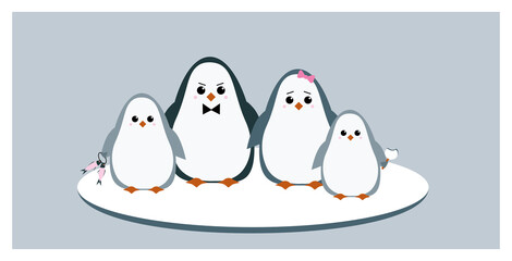 adorable family of penguins standing on a white ice floe together, vector illustration, cartoon animal characters
