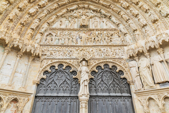 France, Cher, Bourges, Ornate entrance arch of BourgesCathedral