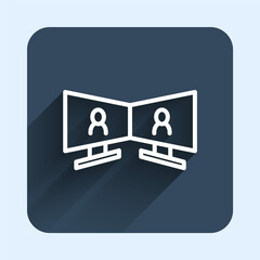 White line Video chat conference icon isolated with long shadow background. Online meeting work form home. Remote project management. Blue square button. Vector