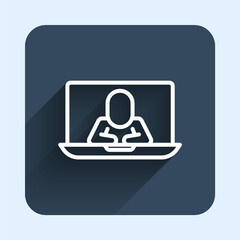 White line Video chat conference icon isolated with long shadow background. Online meeting work form home. Remote project management. Blue square button. Vector