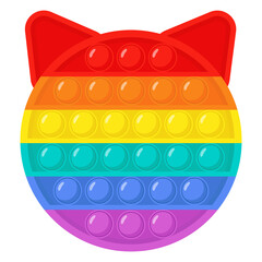Vector illustration of pop it in cat head shaped. Antistress silicone flexible toy for relax. Sensory popular game in rainbow colors for adult and children.Isolated elements on white background.