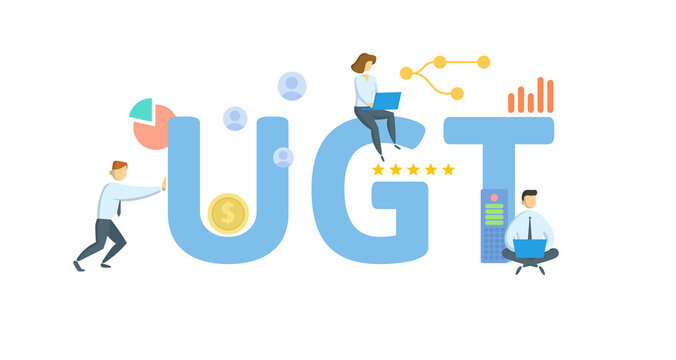 UGT, Urgent. Concept with keyword, people and icons. Flat vector illustration. Isolated on white.