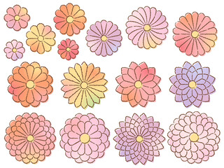 手描き風のカラフルな和風の菊のイラストセット