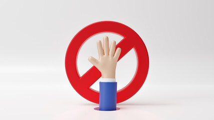 3d cartoon character hand showing stop gesture with 3d illustration of red stop sign isolated on white background, prohibition sign, stop symbol, hand forbidden,  3D rendering.