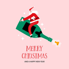 Christmas card with funny Santa is flying on a bottle of champagne. - 466434180