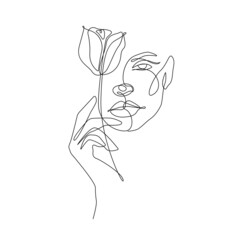 Female Floral Line Art Drawing. Flower Head Woman Line Drawing for Wall Art, Print, Poster, Social Media. Flower Woman Minimalist Art. Vector EPS 10