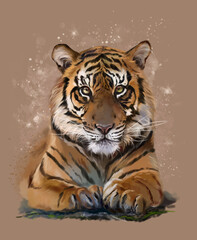 Fototapeta na wymiar Bengal tiger. Watercolor drawing in grunge style