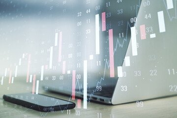 Fototapeta premium Multi exposure of abstract creative financial graph on modern computer background, forex and investment concept
