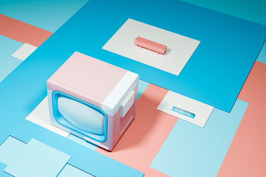Abstract three dimensional render of pastel colored retro TV set - Powered by Adobe