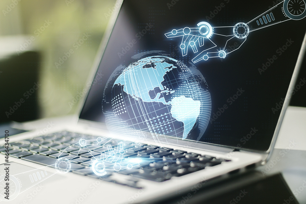 Aufkleber Creative concept of robotics technology with globe sketch on modern laptop background. Robot development and automation concept. Multiexposure