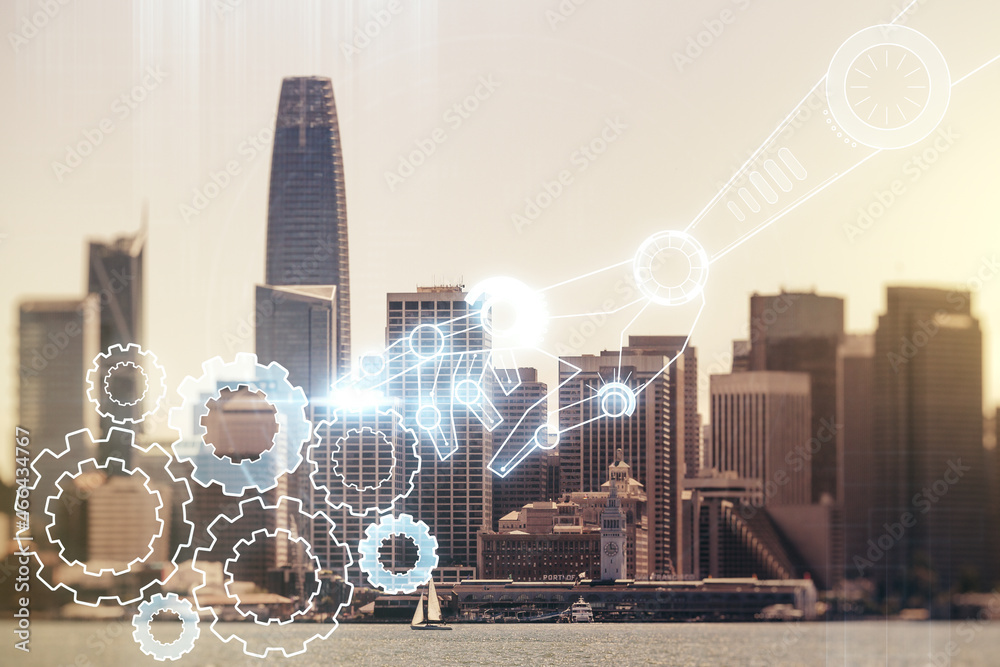 Aufkleber abstract virtual robotics technology sketch on san francisco office buildings background, future tec