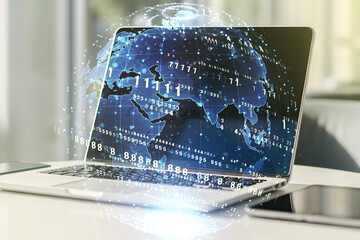 Multi exposure of abstract graphic coding sketch with world map on modern computer background, big data and networking concept