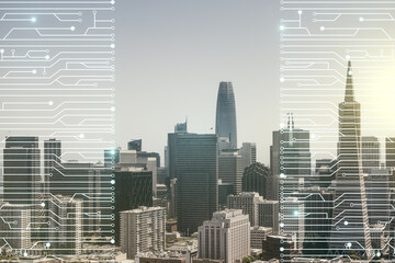 Abstract virtual micro circuit sketch on San Francisco office buildings background, future technology and AI concept. Double exposure