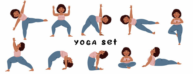 A set of a Girl doing yoga yoga. A plump girl in various poses on a white background. Vector illustration in a flat style