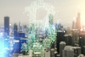 Virtual Bitcoin hologram on blurry skyline background. Multiexposure