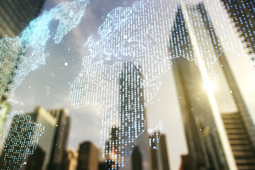 Multi exposure of abstract graphic world map hologram on blurry cityscape background, connection and communication concept