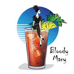 Hand drawn illustration of cocktail with girl. Bloody Mary. Vector illustration