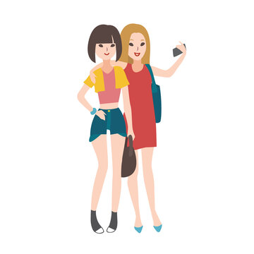 Pair of young women dressed in fashionable clothing standing, embracing each other, smiling and taking selfie photo with smartphone. Flat female cartoon characters isolated on white background.