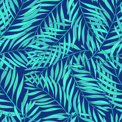 Natural seamless pattern with green tropical palm leaves on blue background. Backdrop with foliage of exotic trees growing in jungle. Vector illustration for textile print, wallpaper, wrapping paper.