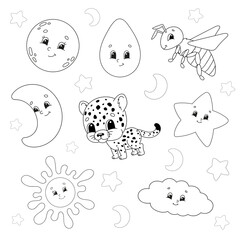 Set of stickers with cute cartoon characters. Coloring book for kids. Hand drawn. Vector illustration. Patch badges collection. Label design elements. For daily planner, diary, organizer.