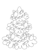 Decorated christmas tree. Coloring book page for kids. Cartoon style character. Vector illustration isolated on white background.