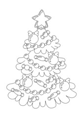 Decorated christmas tree. Coloring book page for kids. Cartoon style character. Vector illustration isolated on white background.