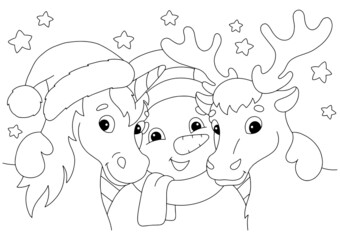 Unicorn, deer and snowman for christmas. Coloring book page for kids. Cartoon style character. Vector illustration isolated on white background.