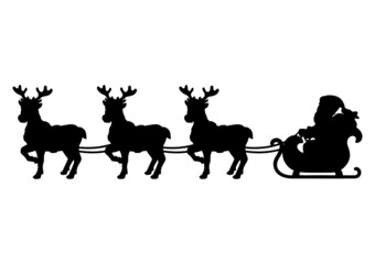 Santa Claus carries Christmas presents on a reindeer sleigh. Black silhouette. Design element. Vector illustration isolated on white background. Template for books, stickers, posters, cards, clothes.