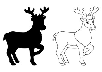 Deer animal. Black silhouette. Design element. Vector illustration isolated on white background. Template for books, stickers, posters, cards, clothes.