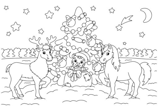Deer, tiger cub and unicorn celebrate the new year. Coloring book page for kids. Cartoon style character. Vector illustration isolated on white background.