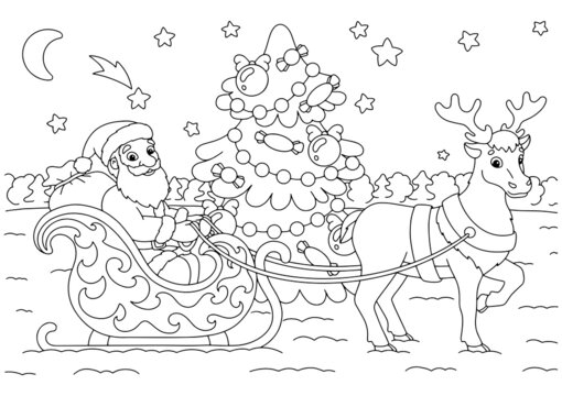 Santa Claus carries Christmas presents on a reindeer sleigh. Coloring book page for kids. Cartoon style character. Vector illustration isolated on white background.