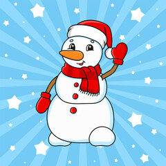 Cute snowman. Cute cartoon character. Colorful vector illustration. Isolated on color background. Template for your design. Christmas theme.