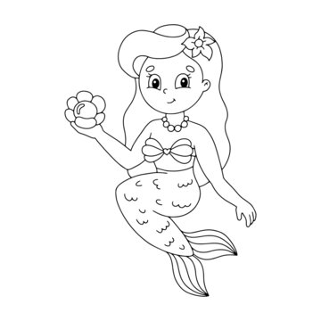 Young beautiful little mermaid. Coloring book page for kids. Cartoon style character. Vector illustration isolated on white background.
