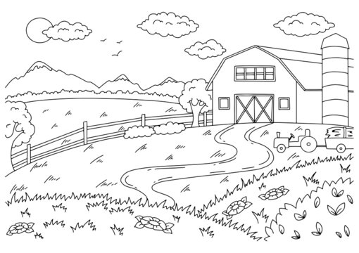 Wonderful natural landscape on farm. Coloring book page for kids. Cartoon style. Vector illustration isolated on white background.