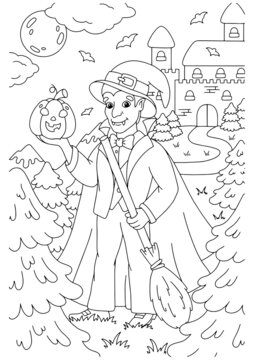 Count Dracula with broom and pumpkin for Halloween. Coloring book page for kids. Cartoon style character. Vector illustration isolated on white background.