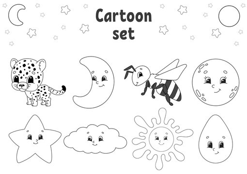 Coloring book for kids. Cheerful characters. Vector illustration. Cute cartoon style. Black contour silhouette. Isolated on white background.