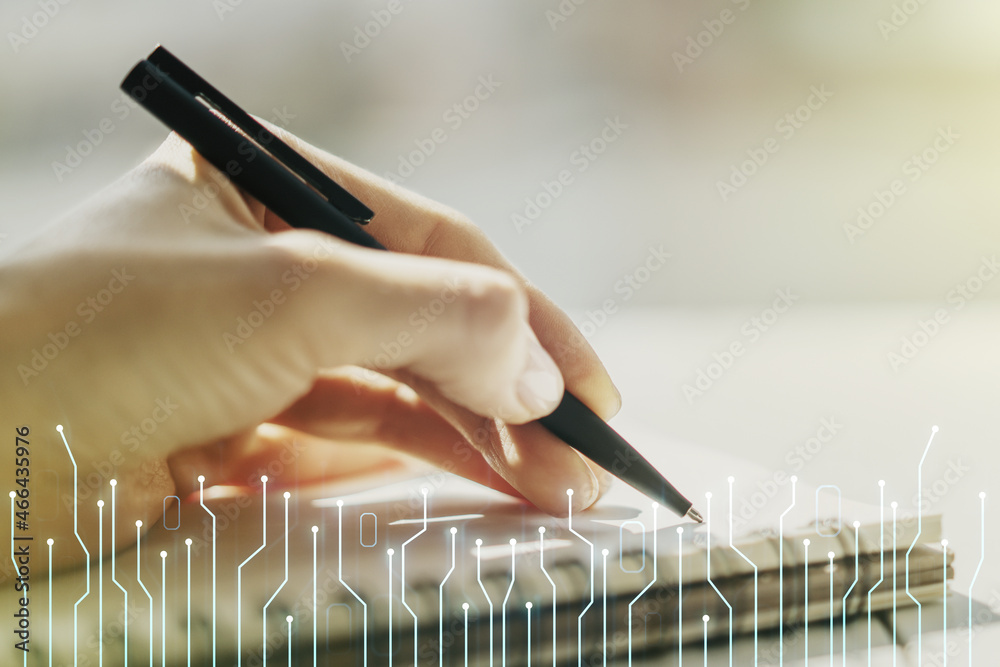 Poster creative concept of microscheme illustration and woman hand writing in notebook on background. big d