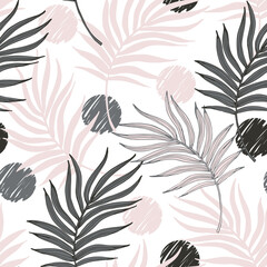 Vector palm leaf line art seamless pattern on pastel scribble polka dot background.